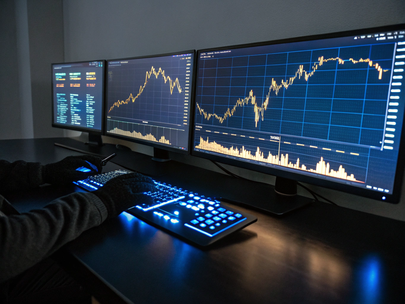 Sophisticated dark-themed trading interface with complex data visualizations